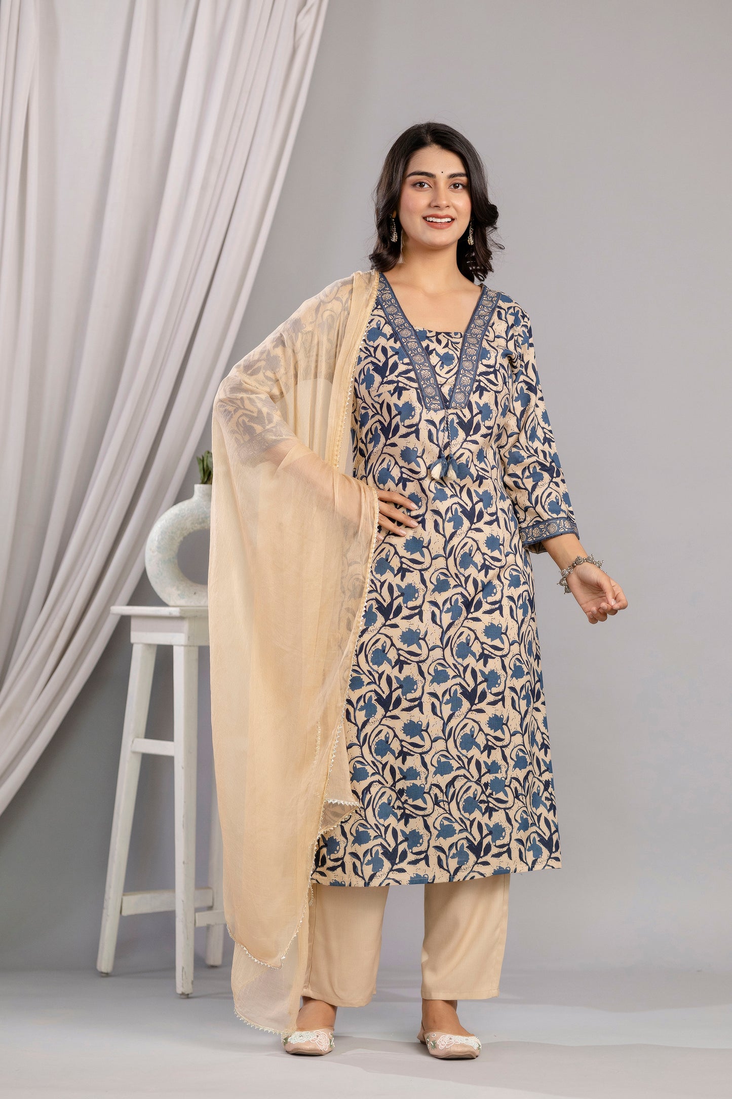 Teal Dabu Printed Rayon Printed Straight Women Kurta Pant and Dupatta Set