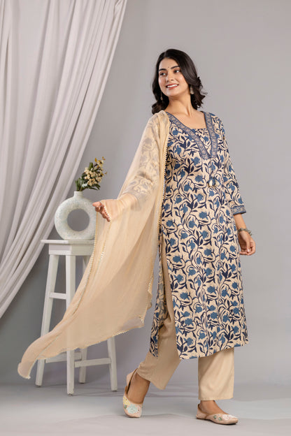 Teal Dabu Printed Rayon Printed Straight Women Kurta Pant and Dupatta Set