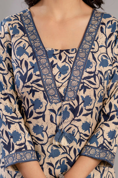 Teal Dabu Printed Rayon Printed Straight Women Kurta Pant and Dupatta Set