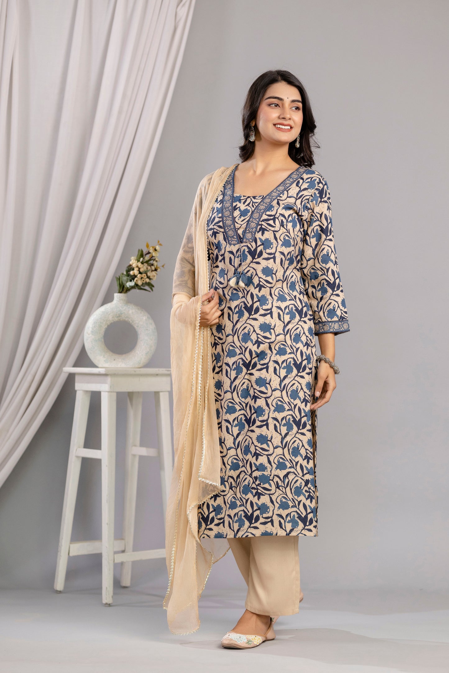 Teal Dabu Printed Rayon Printed Straight Women Kurta Pant and Dupatta Set
