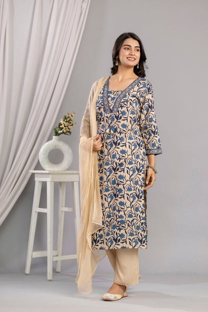 Teal Dabu Printed Rayon Printed Straight Women Kurta Pant and Dupatta Set