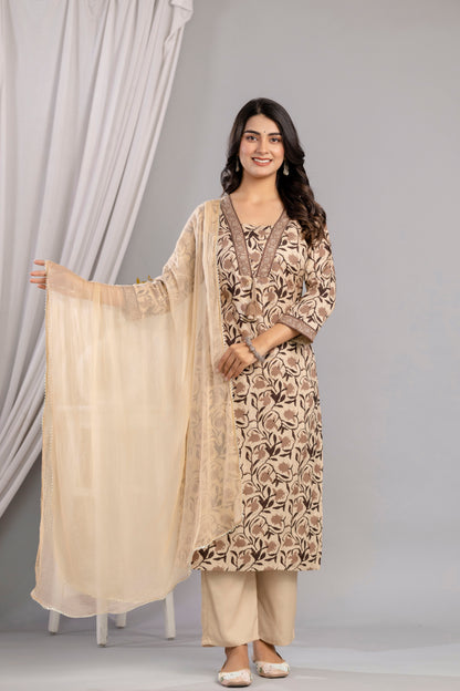 Brown Dabu Printed Rayon Printed Straight Women Kurta Pant and Dupatta Set