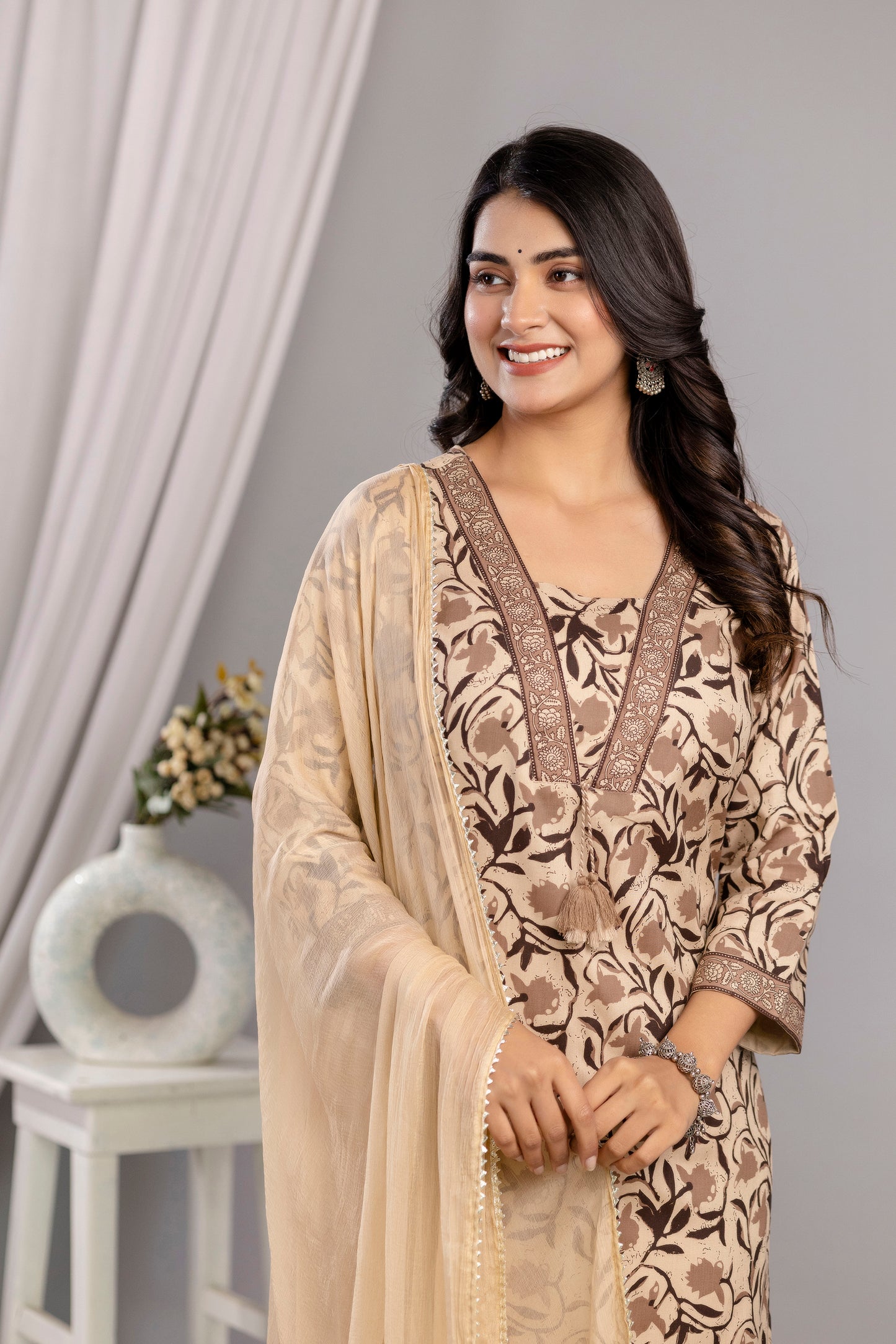 Brown Dabu Printed Rayon Printed Straight Women Kurta Pant and Dupatta Set