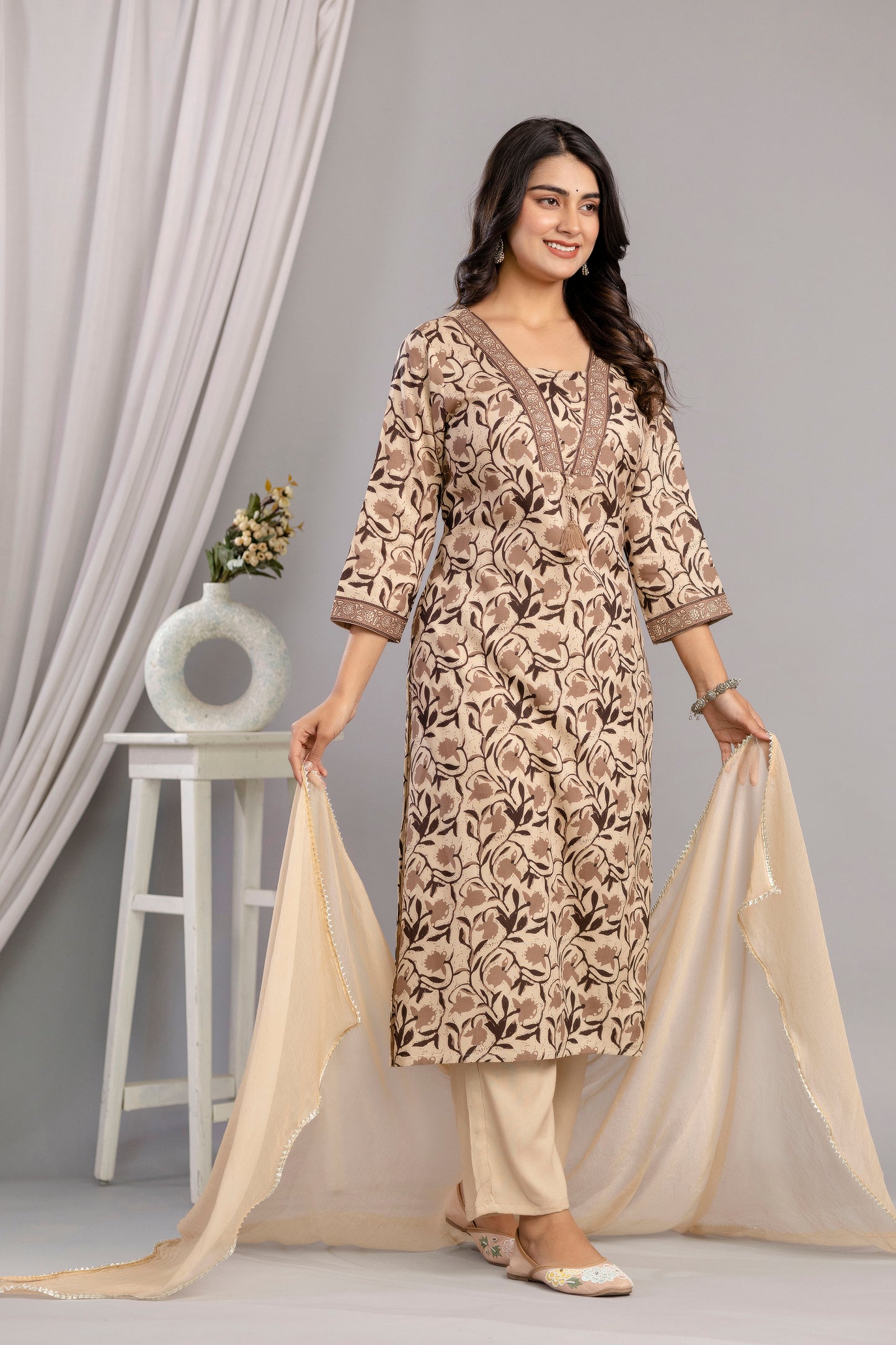 Brown Dabu Printed Rayon Printed Straight Women Kurta Pant and Dupatta Set