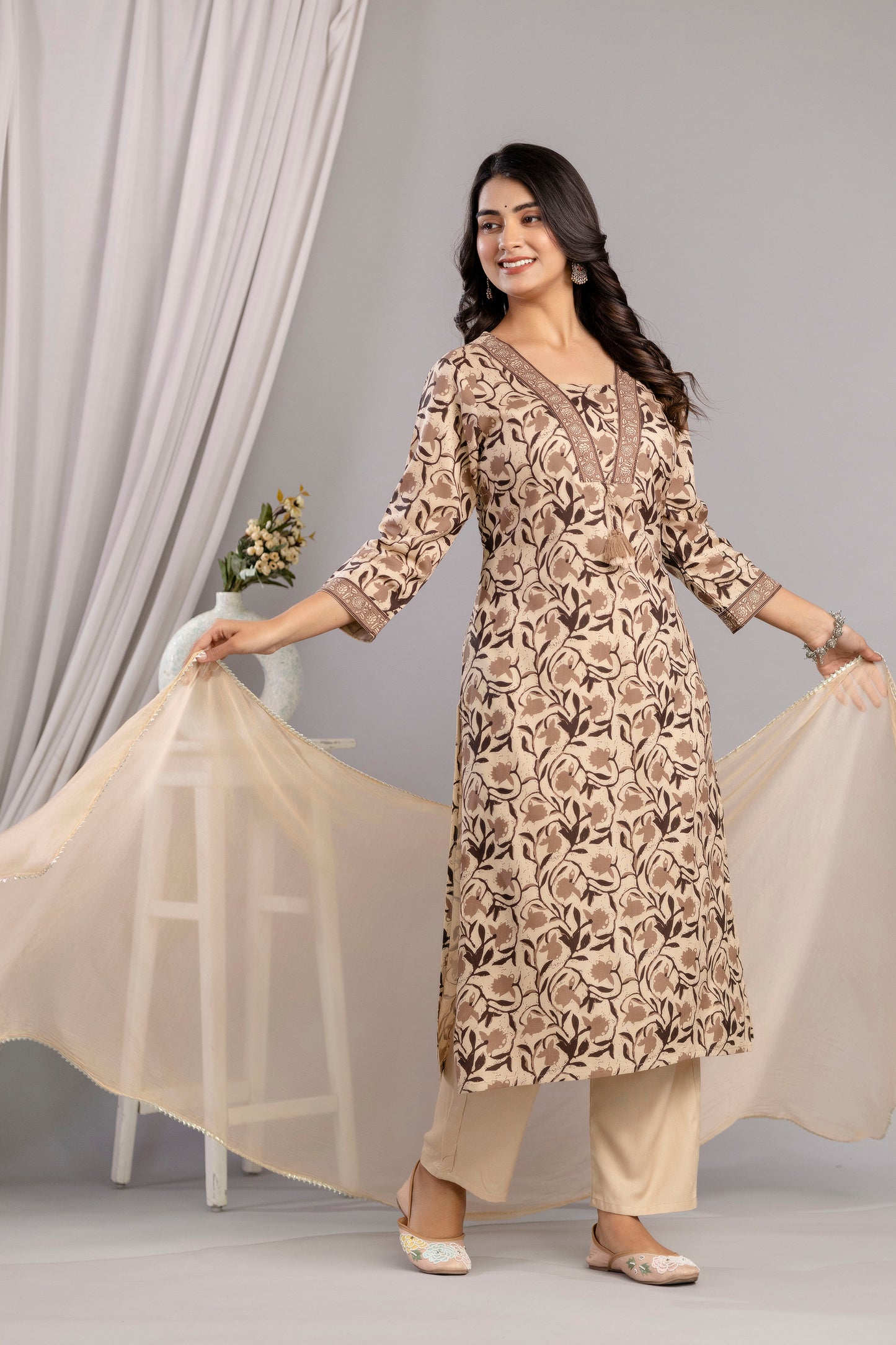 Brown Dabu Printed Rayon Printed Straight Women Kurta Pant and Dupatta Set