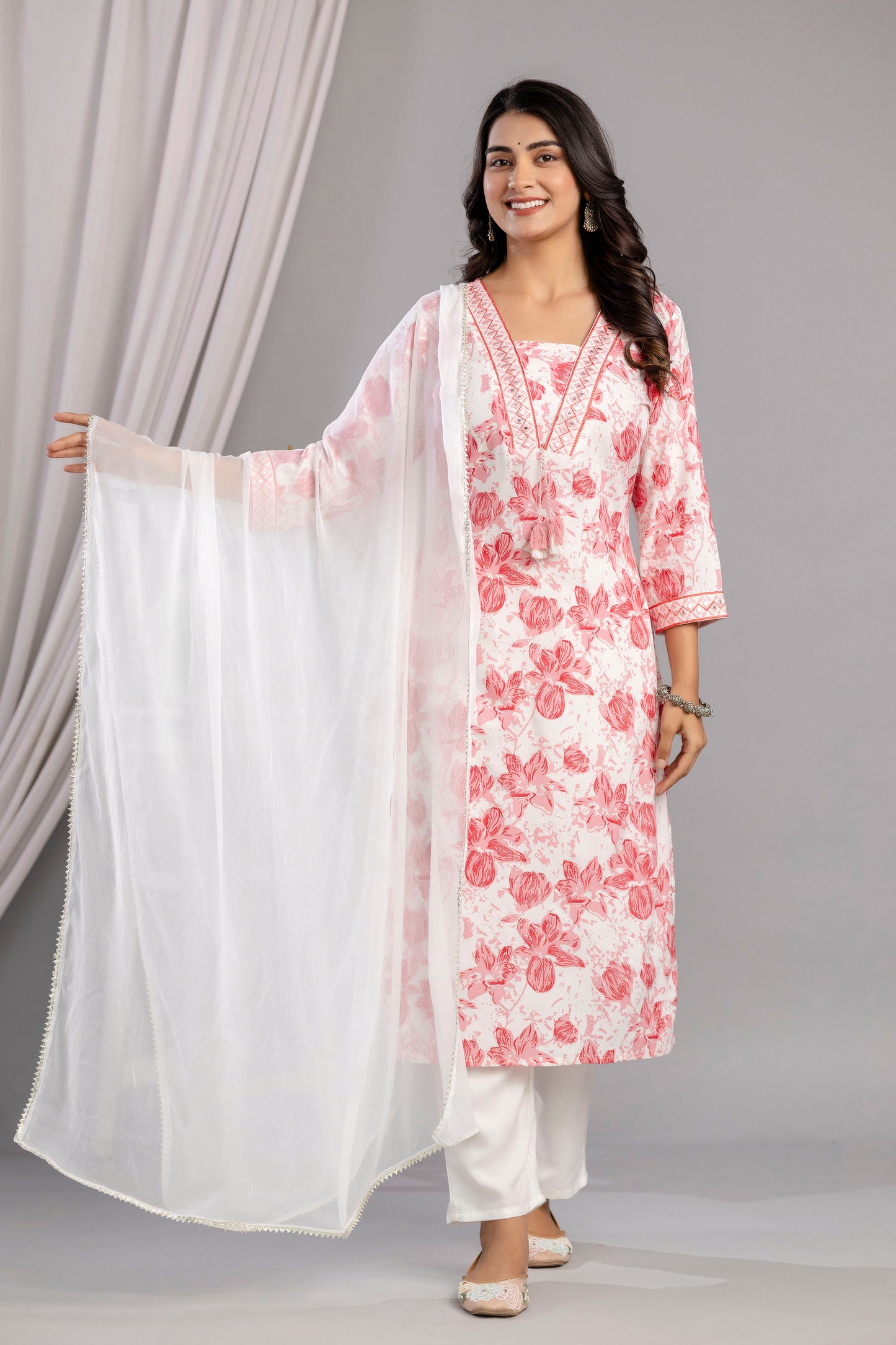 Peach Floral Printed Embroidered V Neck Rayon Straight Kurta Pant and Dupatta Set
