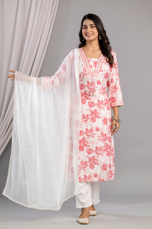 Peach Floral Printed Embroidered V Neck Rayon Straight Kurta Pant and Dupatta Set