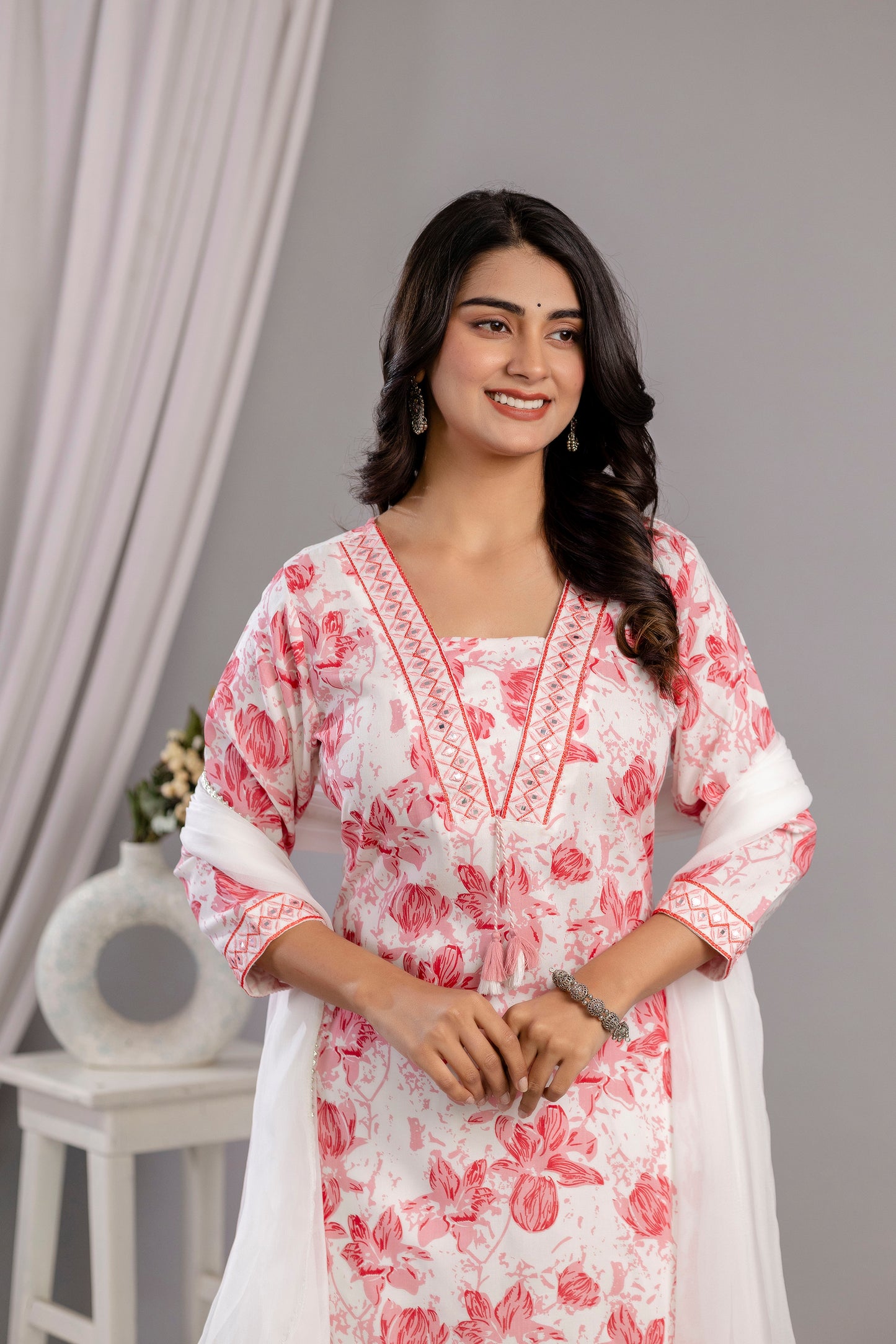 Peach Floral Printed Embroidered V Neck Rayon Straight Kurta Pant and Dupatta Set
