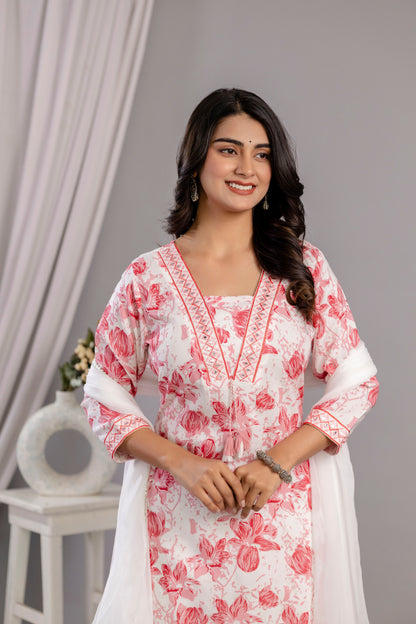 Peach Floral Printed Embroidered V Neck Rayon Straight Kurta Pant and Dupatta Set