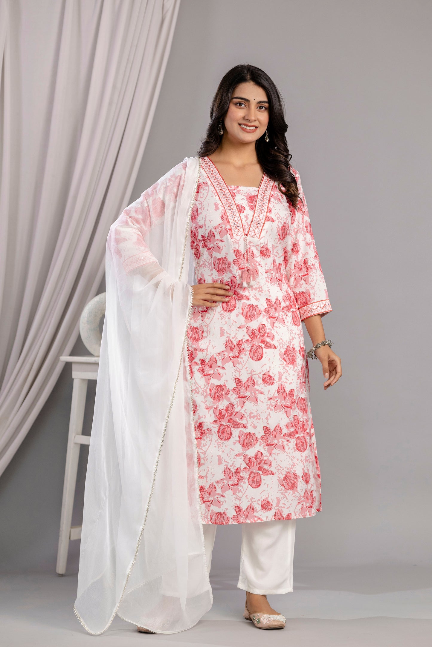 Peach Floral Printed Embroidered V Neck Rayon Straight Kurta Pant and Dupatta Set