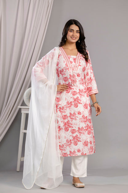 Peach Floral Printed Embroidered V Neck Rayon Straight Kurta Pant and Dupatta Set