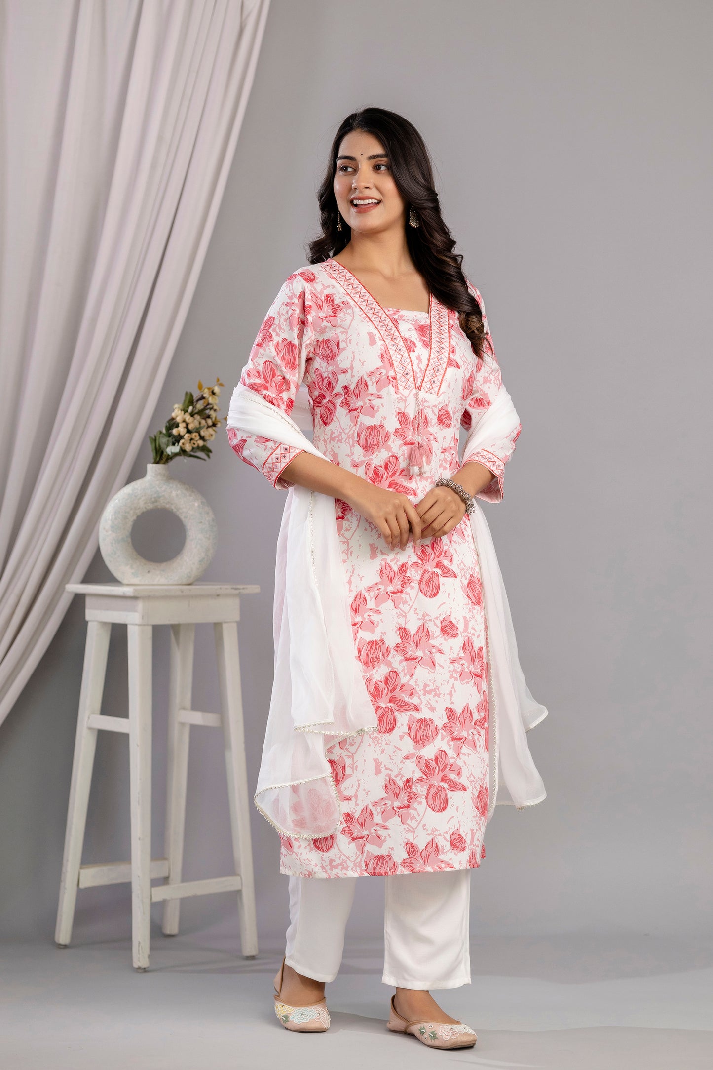 Peach Floral Printed Embroidered V Neck Rayon Straight Kurta Pant and Dupatta Set