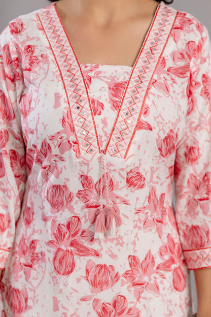 Peach Floral Printed Embroidered V Neck Rayon Straight Kurta Pant and Dupatta Set