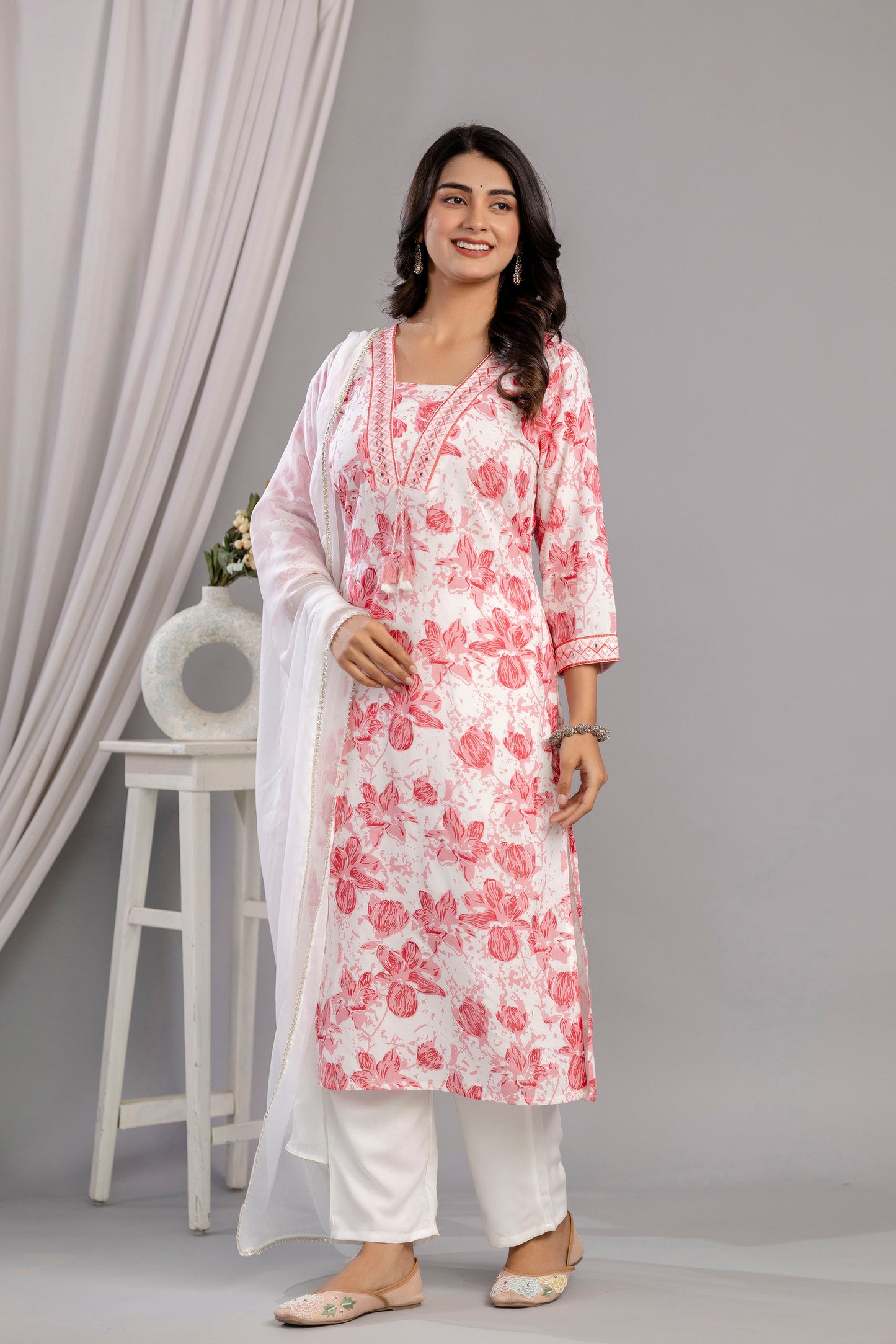 Peach Floral Printed Embroidered V Neck Rayon Straight Kurta Pant and Dupatta Set