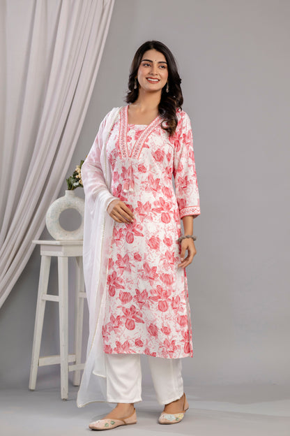 Peach Floral Printed Embroidered V Neck Rayon Straight Kurta Pant and Dupatta Set