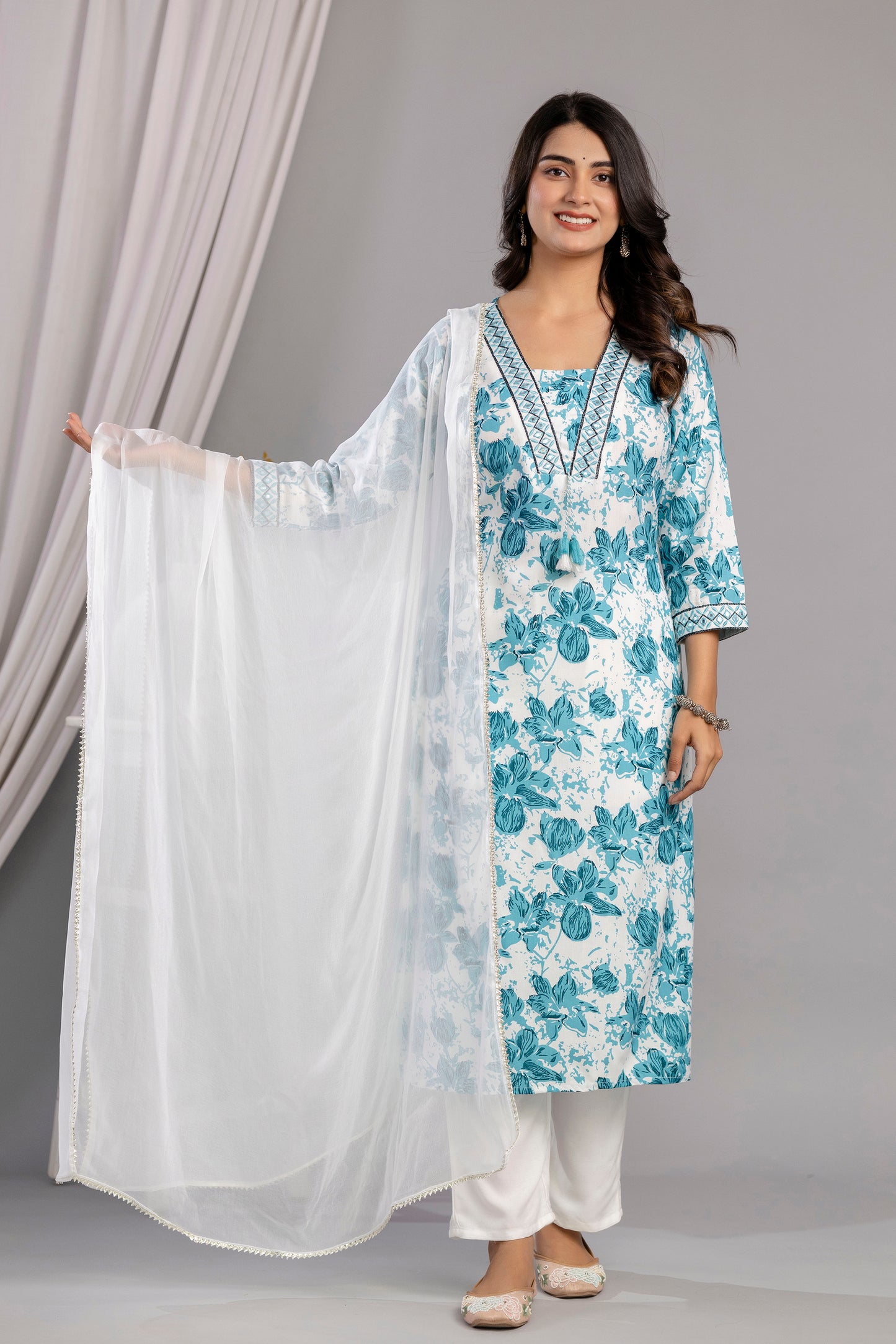 Rama Floral Printed Embroidered V Neck Rayon Straight Kurta Pant and Dupatta Set