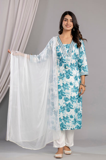 Rama Floral Printed Embroidered V Neck Rayon Straight Kurta Pant and Dupatta Set