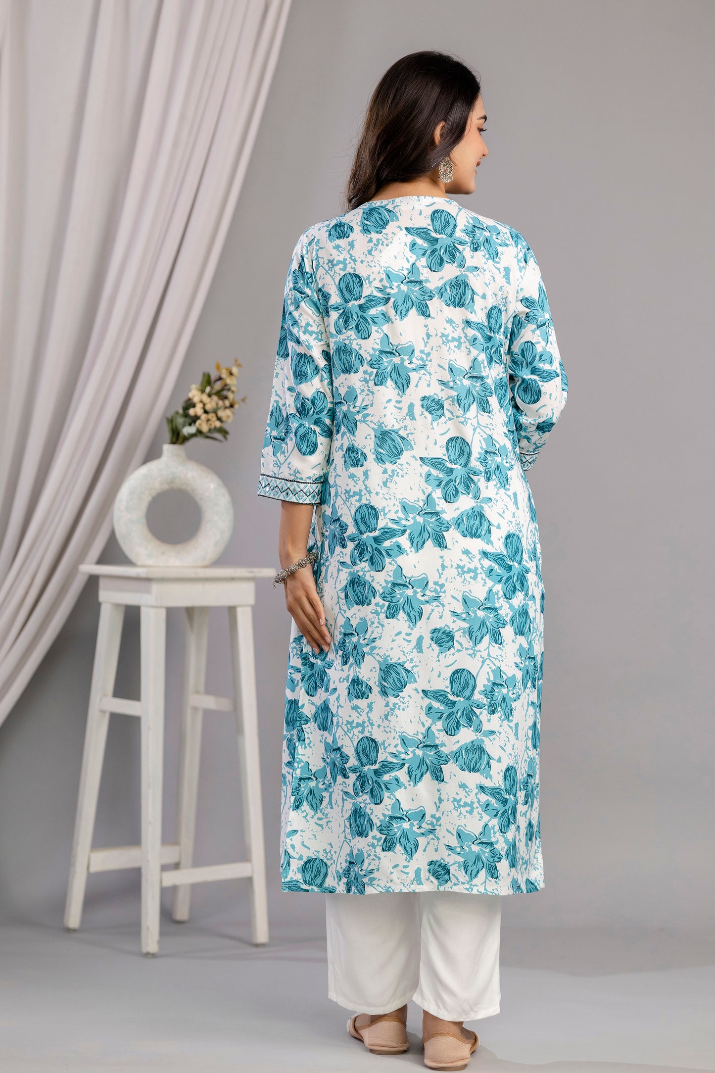 Rama Floral Printed Embroidered V Neck Rayon Straight Kurta Pant and Dupatta Set