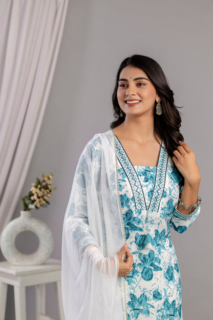 Rama Floral Printed Embroidered V Neck Rayon Straight Kurta Pant and Dupatta Set