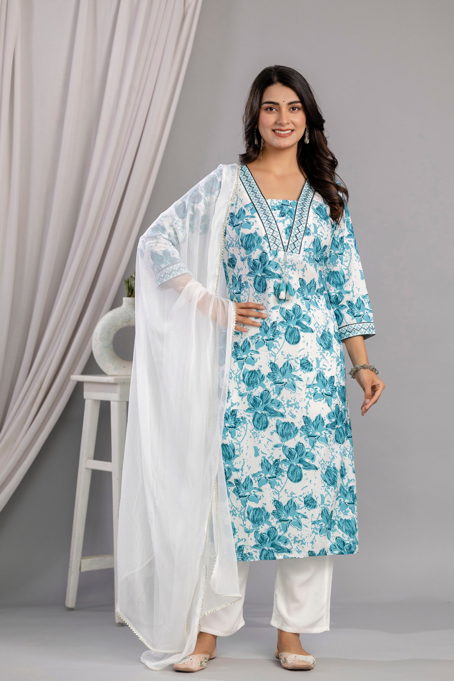 Rama Floral Printed Embroidered V Neck Rayon Straight Kurta Pant and Dupatta Set