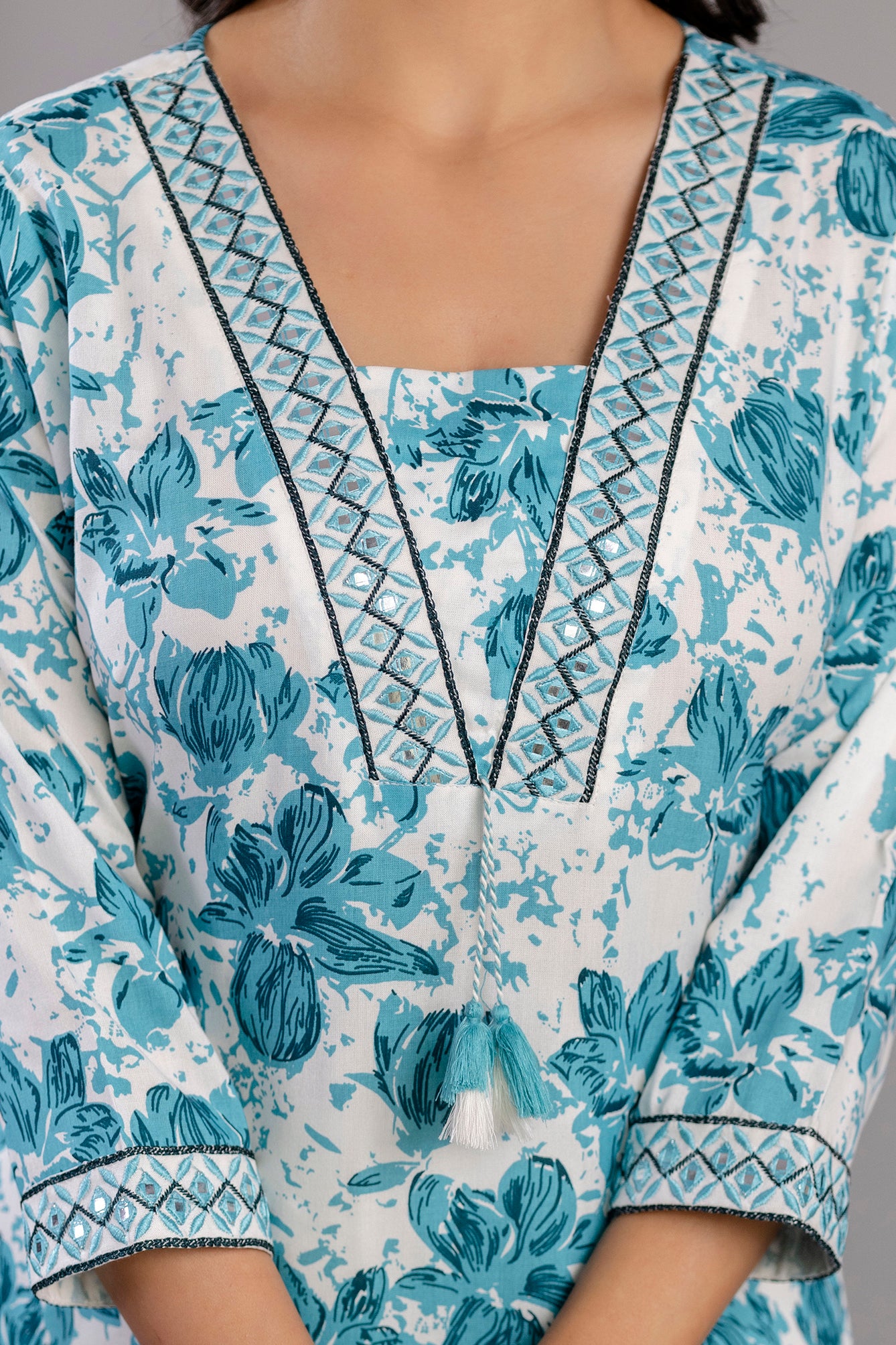 Rama Floral Printed Embroidered V Neck Rayon Straight Kurta Pant and Dupatta Set