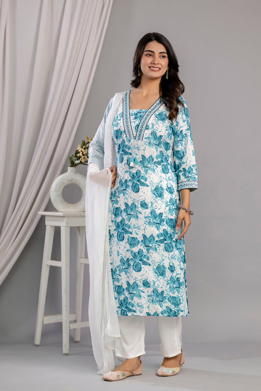 Rama Floral Printed Embroidered V Neck Rayon Straight Kurta Pant and Dupatta Set
