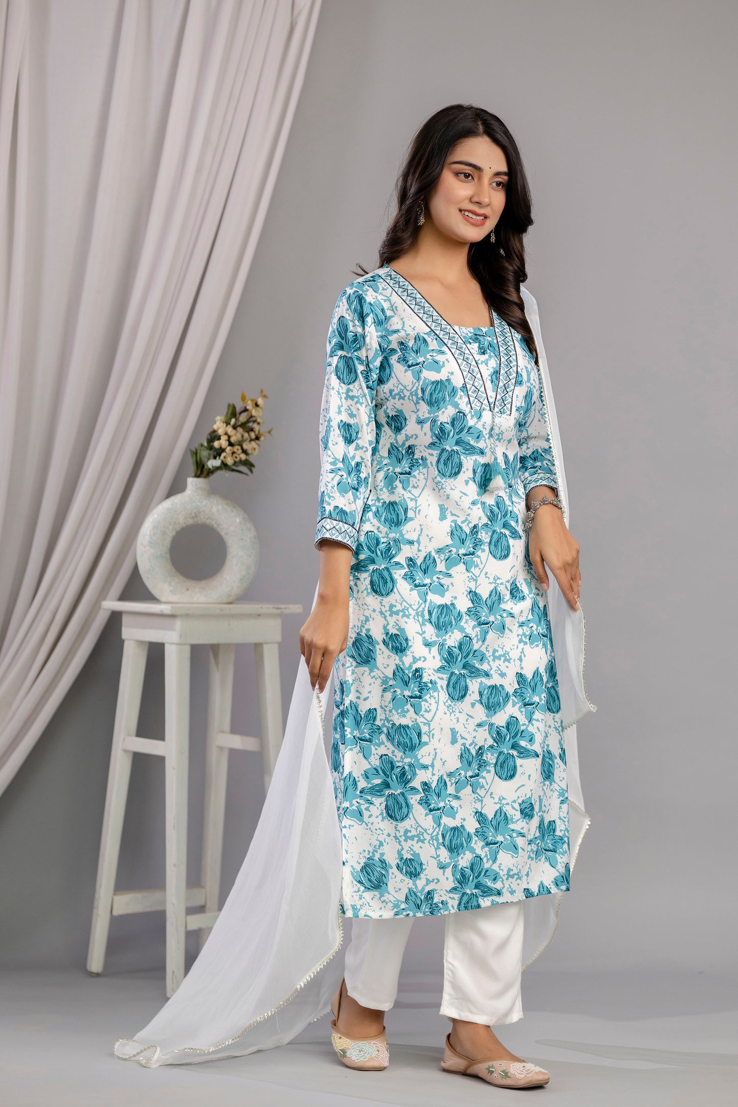 Rama Floral Printed Embroidered V Neck Rayon Straight Kurta Pant and Dupatta Set
