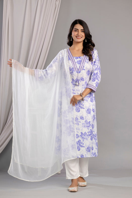 Purple Floral Printed Embroidered V Neck Rayon Straight Kurta Pant and Dupatta Set