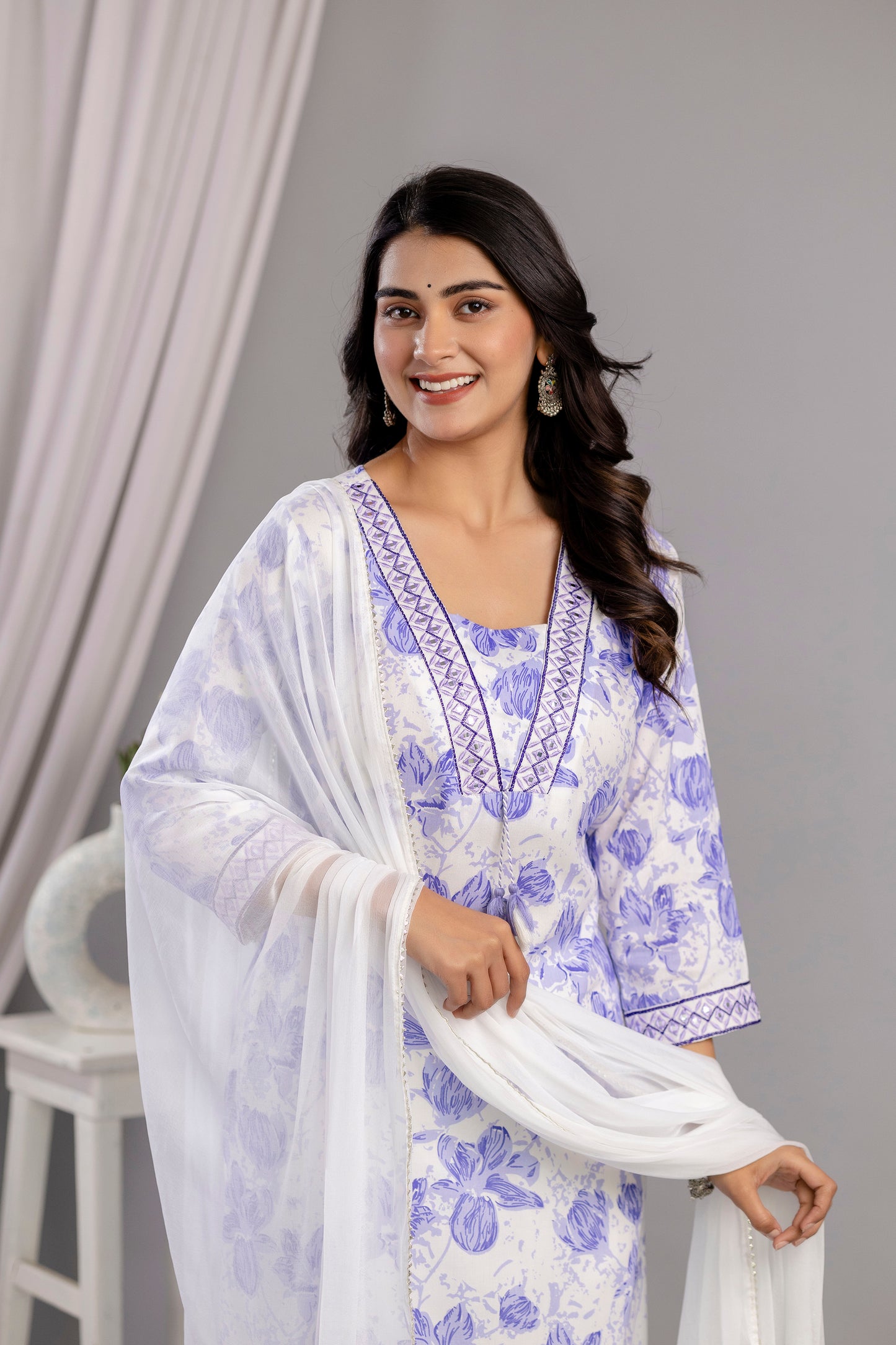 Purple Floral Printed Embroidered V Neck Rayon Straight Kurta Pant and Dupatta Set