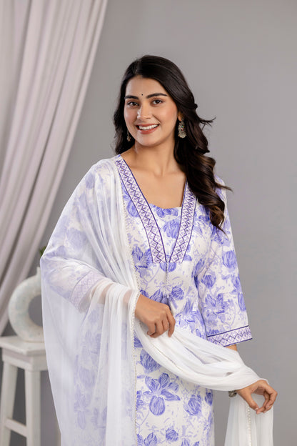 Purple Floral Printed Embroidered V Neck Rayon Straight Kurta Pant and Dupatta Set