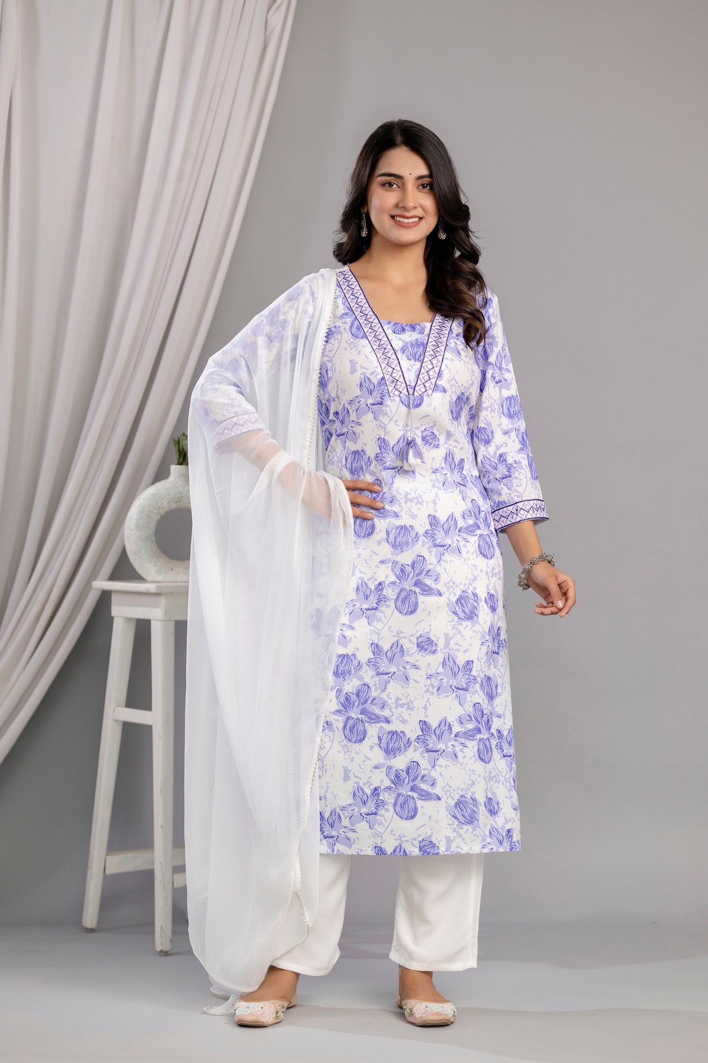 Purple Floral Printed Embroidered V Neck Rayon Straight Kurta Pant and Dupatta Set
