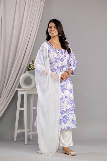 Purple Floral Printed Embroidered V Neck Rayon Straight Kurta Pant and Dupatta Set