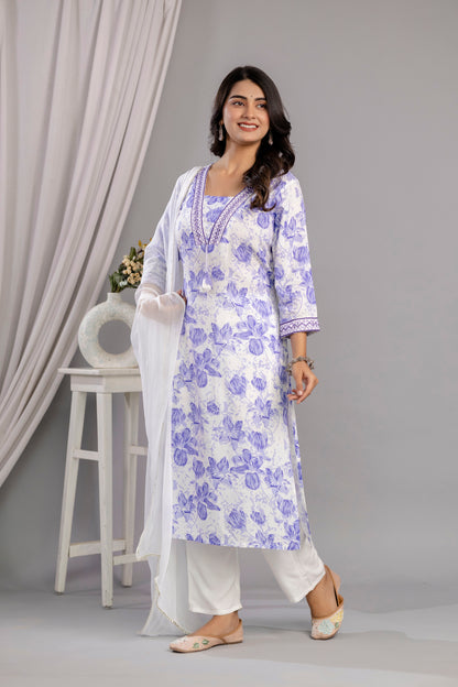 Purple Floral Printed Embroidered V Neck Rayon Straight Kurta Pant and Dupatta Set