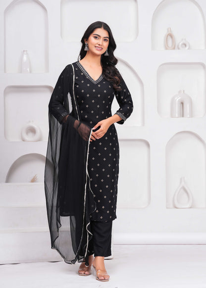 Black Embroidered V Neck Straight Rayon Kurta Pant and Dupatta Set