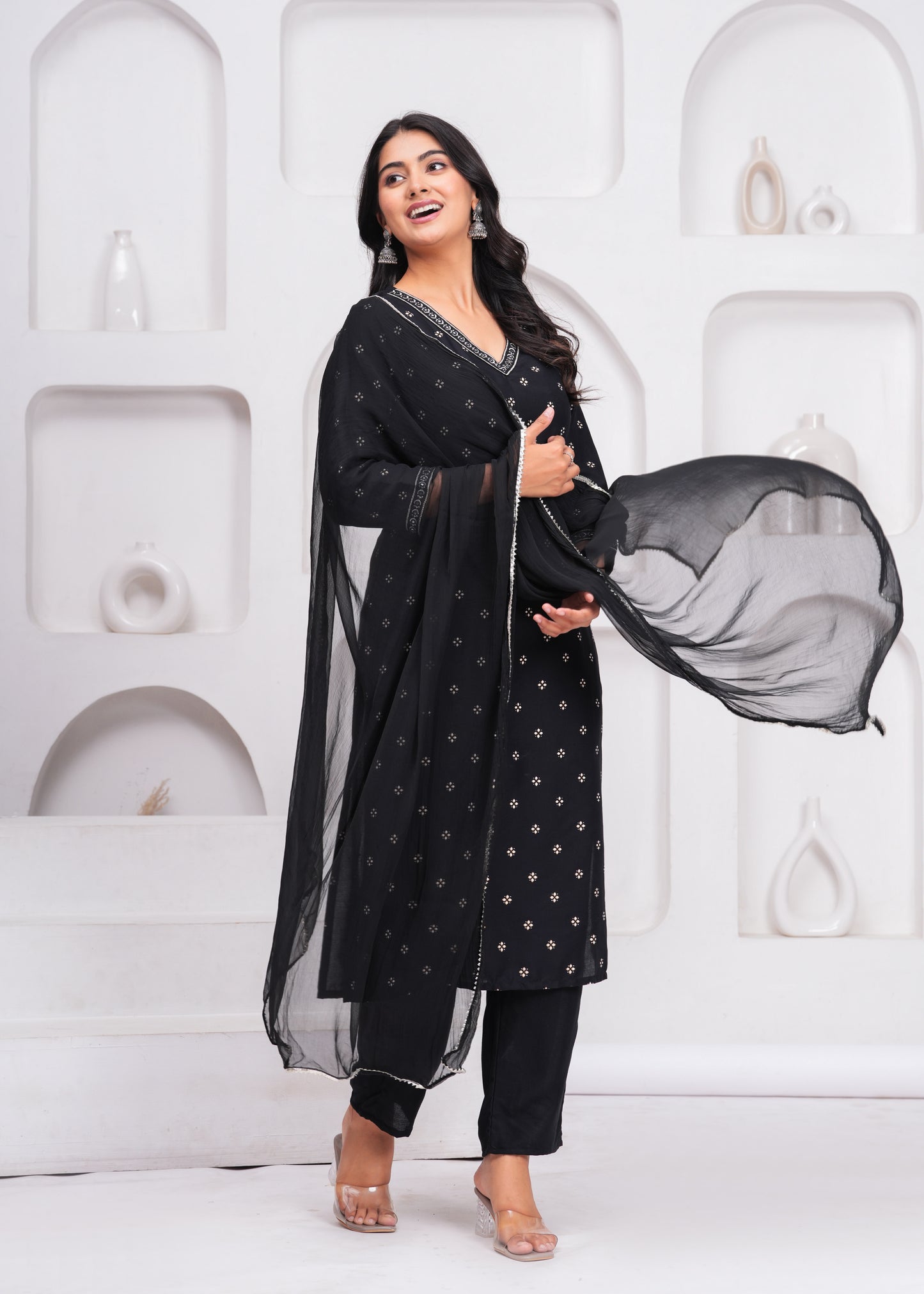 Black Embroidered V Neck Straight Rayon Kurta Pant and Dupatta Set