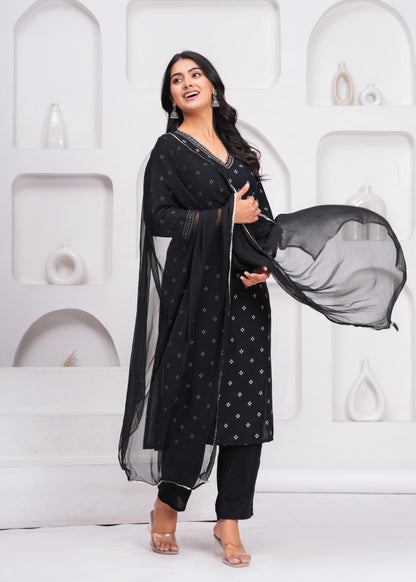 Black Embroidered V Neck Straight Rayon Kurta Pant and Dupatta Set