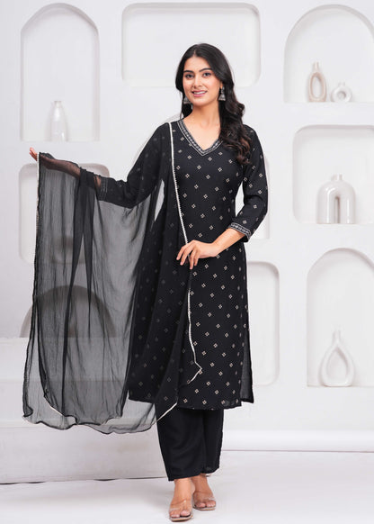 Black Embroidered V Neck Straight Rayon Kurta Pant and Dupatta Set