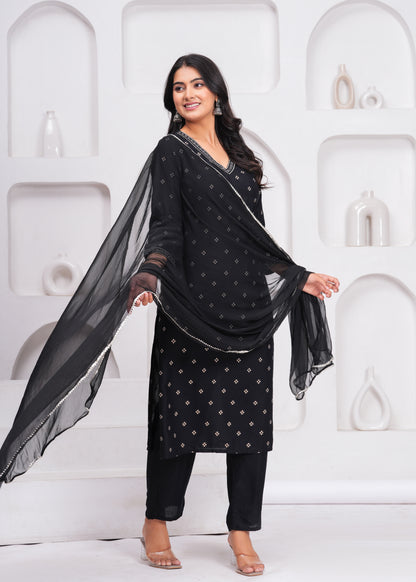 Black Embroidered V Neck Straight Rayon Kurta Pant and Dupatta Set