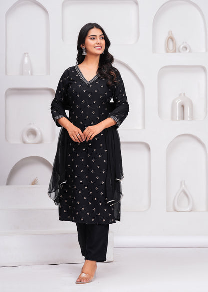 Black Embroidered V Neck Straight Rayon Kurta Pant and Dupatta Set