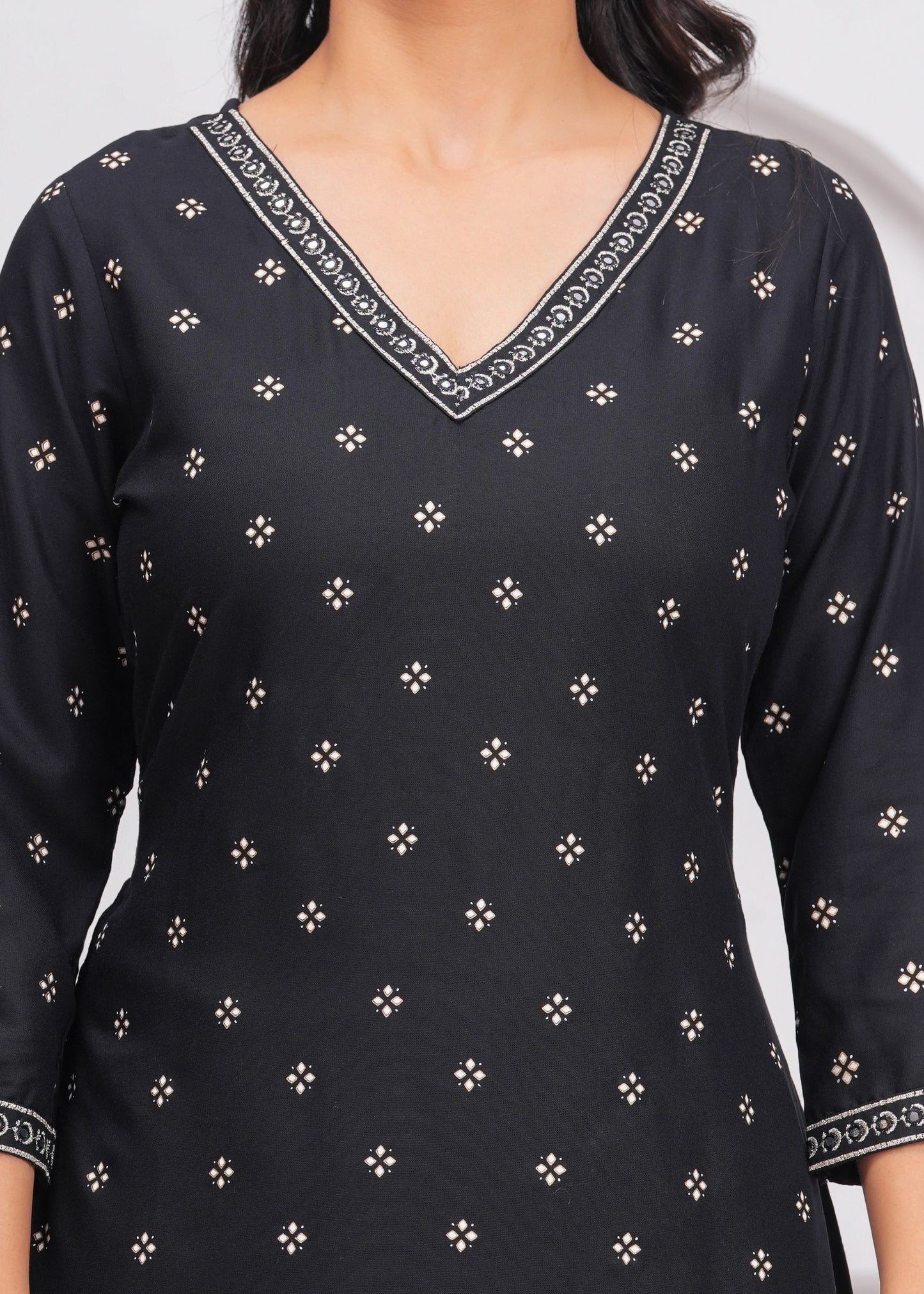 Black Embroidered V Neck Straight Rayon Kurta Pant and Dupatta Set