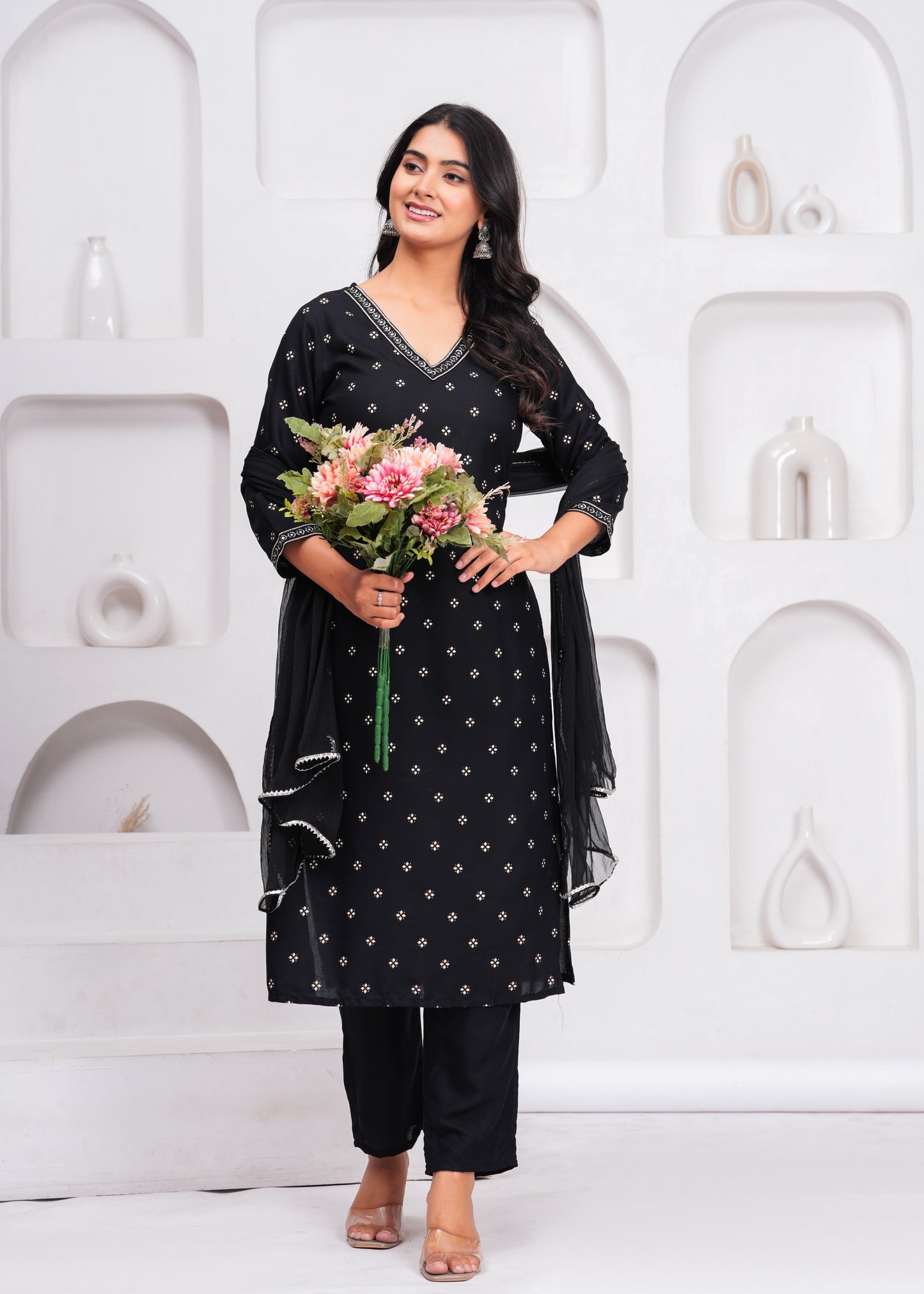 Black Embroidered V Neck Straight Rayon Kurta Pant and Dupatta Set