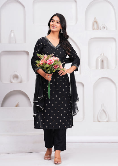 Black Embroidered V Neck Straight Rayon Kurta Pant and Dupatta Set