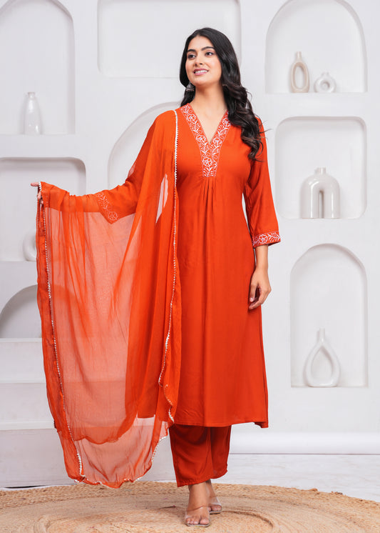Orange Embroidered V Neck Rayon A-Line  Kurta Pant and Dupatta Set