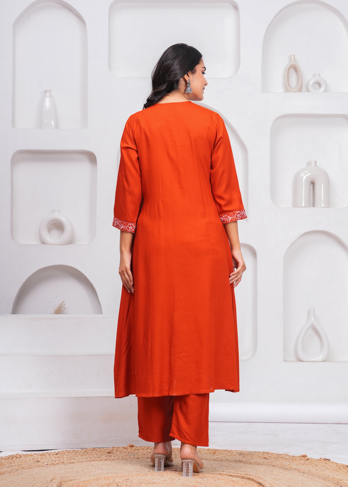 Orange Embroidered V Neck Rayon A-Line  Kurta Pant and Dupatta Set