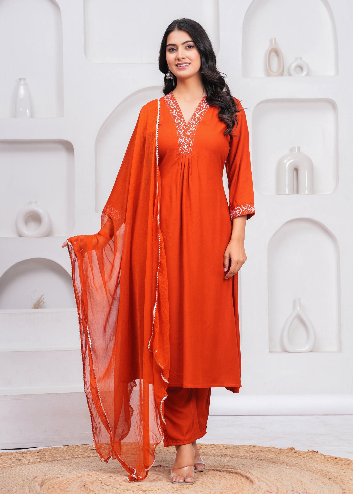 Orange Embroidered V Neck Rayon A-Line  Kurta Pant and Dupatta Set