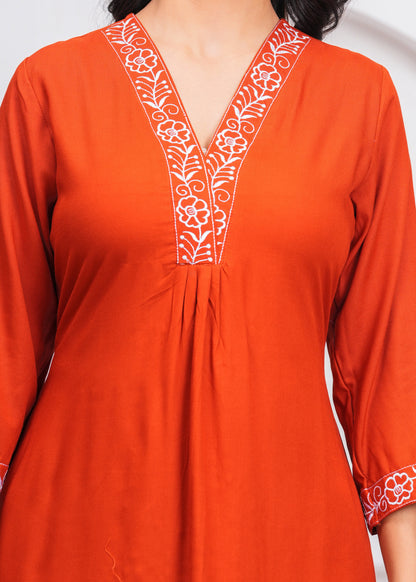 Orange Embroidered V Neck Rayon A-Line  Kurta Pant and Dupatta Set