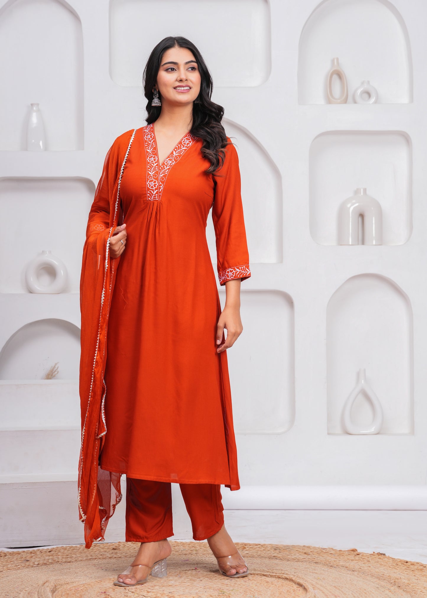Orange Embroidered V Neck Rayon A-Line  Kurta Pant and Dupatta Set