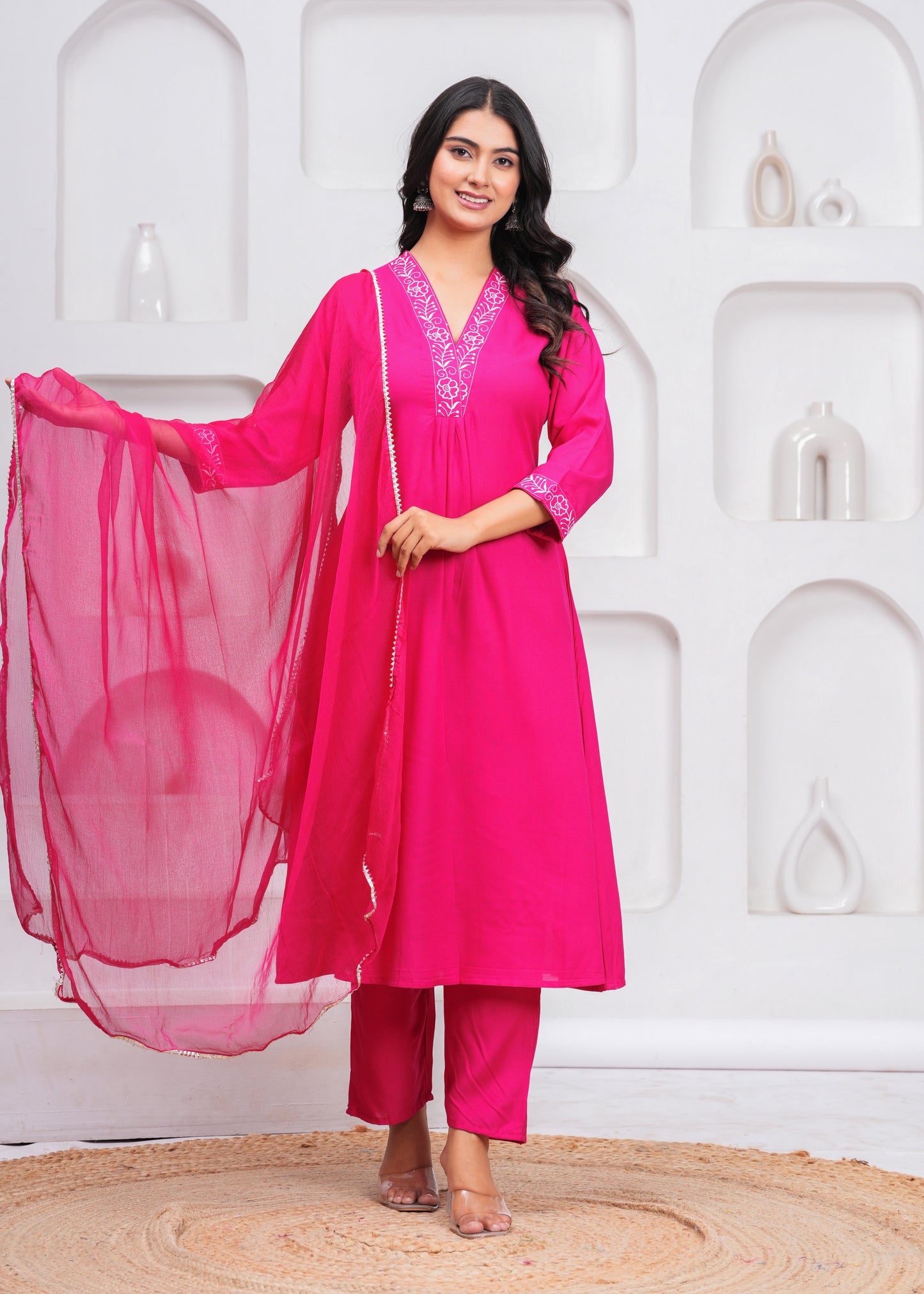 Pink Embroidered V Neck Rayon A-Line  Kurta Pant and Dupatta Set