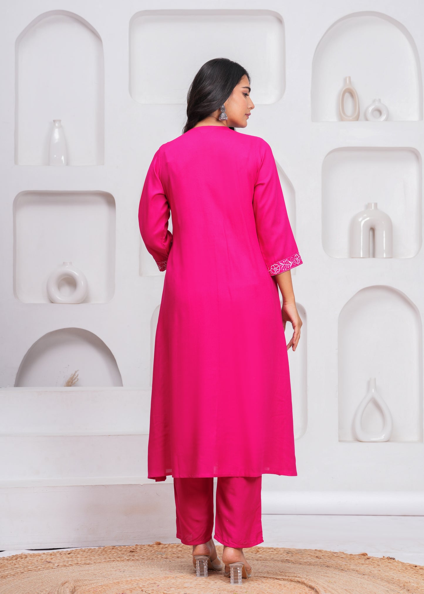 Pink Embroidered V Neck Rayon A-Line  Kurta Pant and Dupatta Set