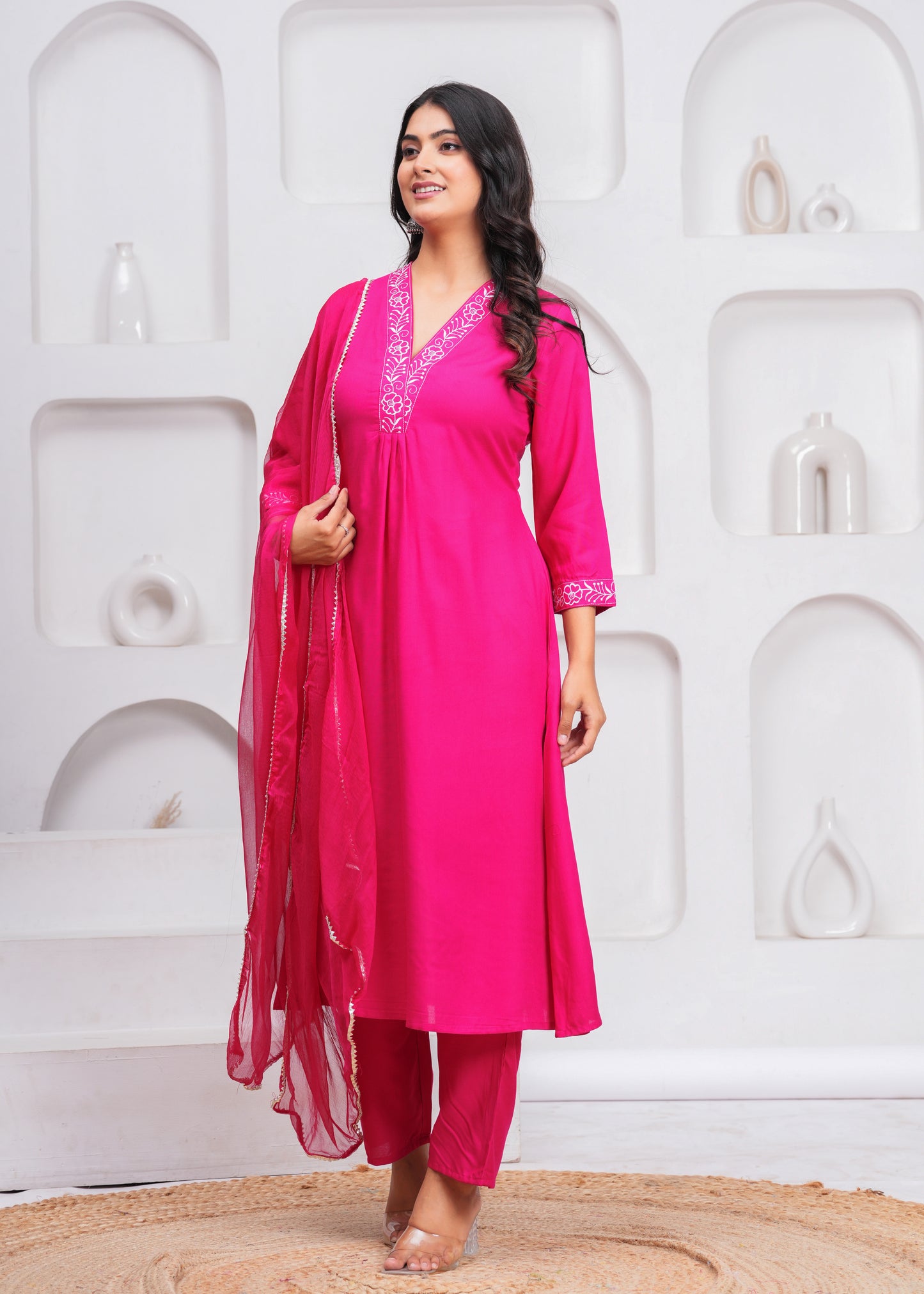 Pink Embroidered V Neck Rayon A-Line  Kurta Pant and Dupatta Set